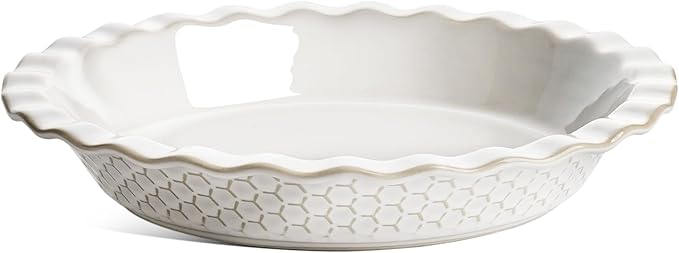 LE TAUCI Pie Pans for Baking 9 Inch, Ceramic Pie Plate for Apple Pie, Round Baking Dish Oven Safe, Embossment Housewarming Wedding Present - 36 OZ, Set of 2, Fireworks + Honey Comb, Arctic White