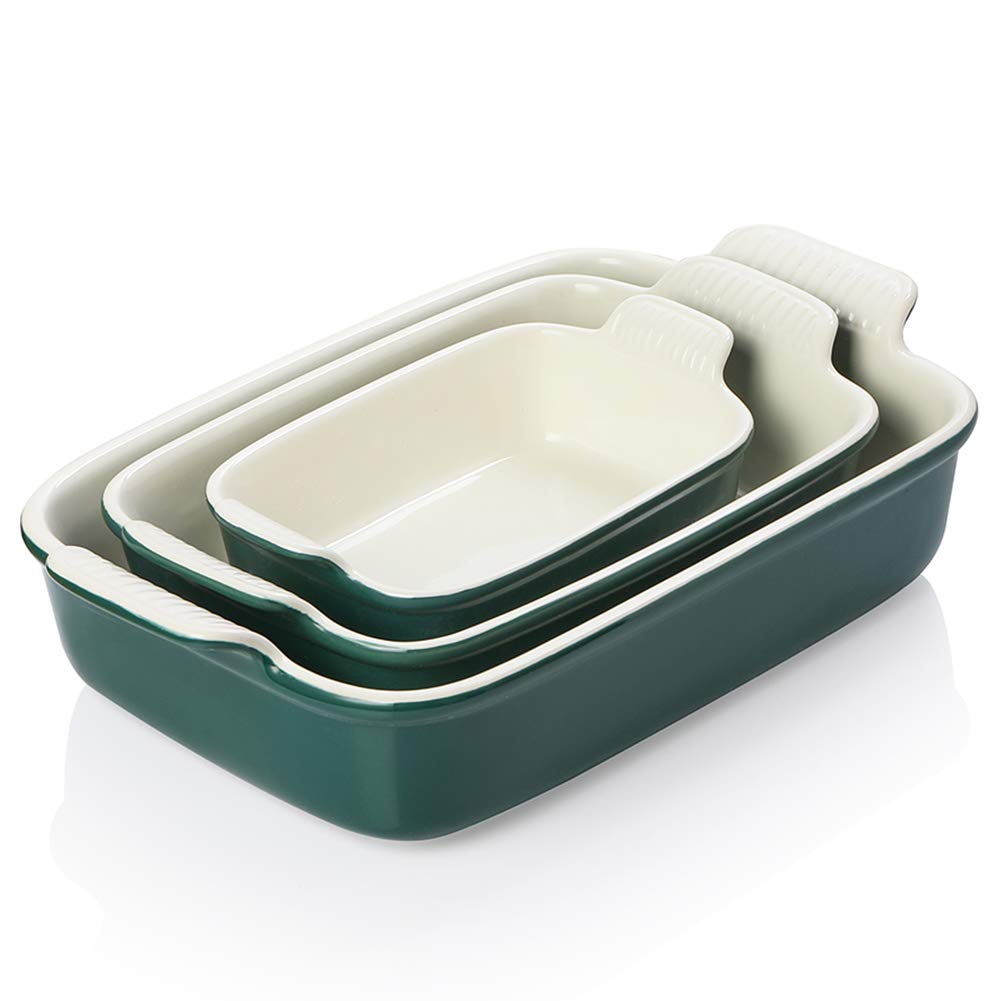 Sweejar Baking Pans Set, Ceramic 9x13 Baking Dish with Handle, Rectangular Casserole Dishes for Oven, Bakeware Sets of 3, Durable Lasagna Pan Deep for Kitchen, Banquet, Wedding Gift(Beige)