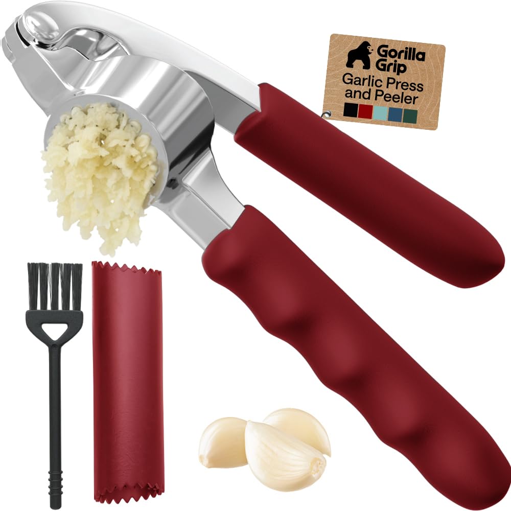 GORILLA GRIP Garlic Peeler and Press Set, Heavy Duty Mincer, Red