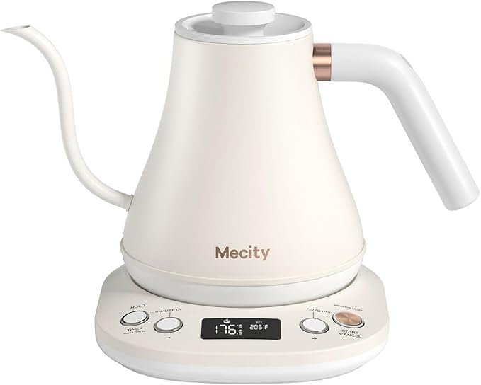 Mecity Electric Gooseneck Kettle With LCD Display Automatic Shut Off Retro Coffee Kettle Temperature Control Hot Water Boiler to Pour Over Tea, 1200 Watt Quick Heating Tea Pot, 0.8L, Stainless Steel