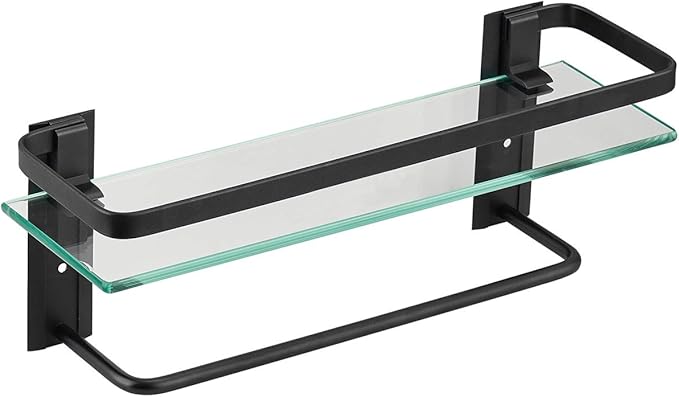 VOLPONE Bathroom Glass Shelf with Towel Bar Black Bathroom Shelf Wall Mount Rustproof Bathroom Wall Organizer Towel Rails1 Tier (Black)