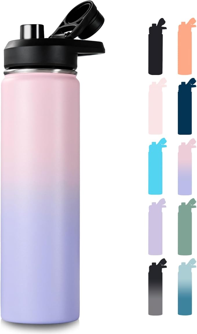 24 oz Insulated Water Bottle with Handle, 309 Stainless Steel Water Bottles with Wide Mouth, Double Wall Vacuum Sports Water Bottle, BPA Free, Keep Cold and Hot, Pink/Purple