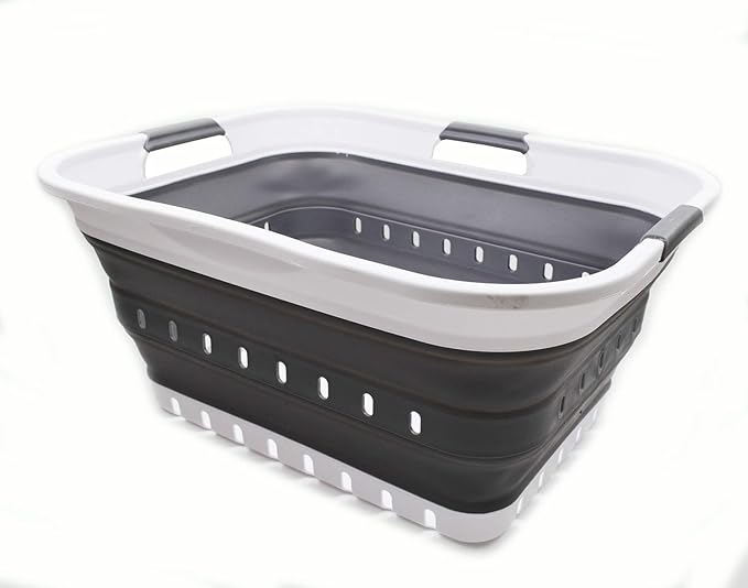 SAMMART 42L (11 gallon) Collapsible Plastic Laundry Basket - Foldable Pop Up Storage Container/Organizer - Space Saving Hamper/Basket (1, White/Dark Grey)