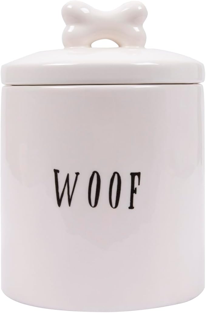 Creative Co-Op Ceramic Dog Treat Jar with Woof Message and Bone Handle Lid, White and Black