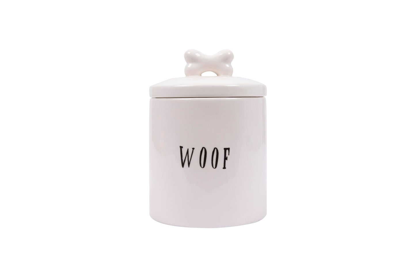Creative Co-Op Ceramic Dog Treat Jar with Woof Message and Bone Handle Lid, White and Black