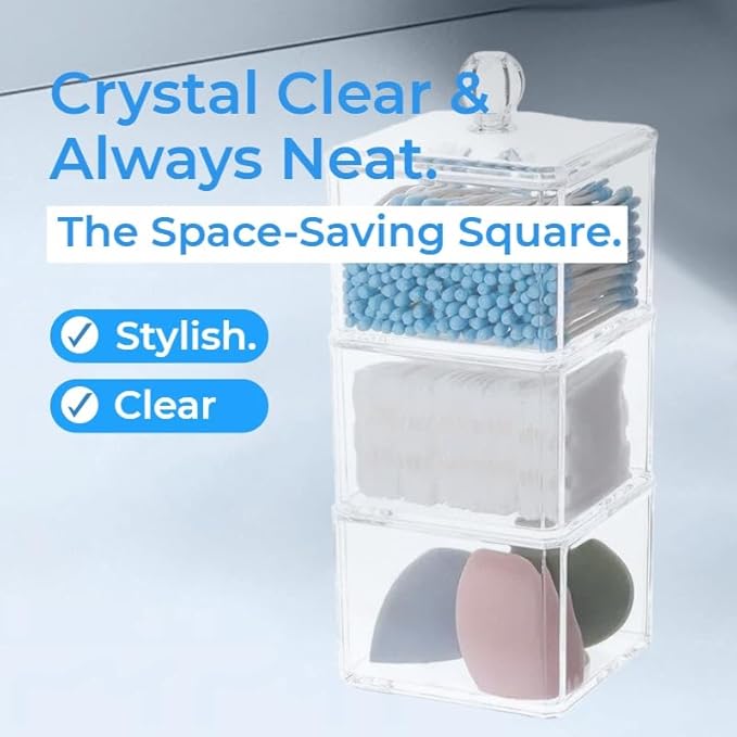 Stackable Square Acrylic Cotton Ball Holder Q-tip Holder Bathroom Swab Dispenser (3-Pack)