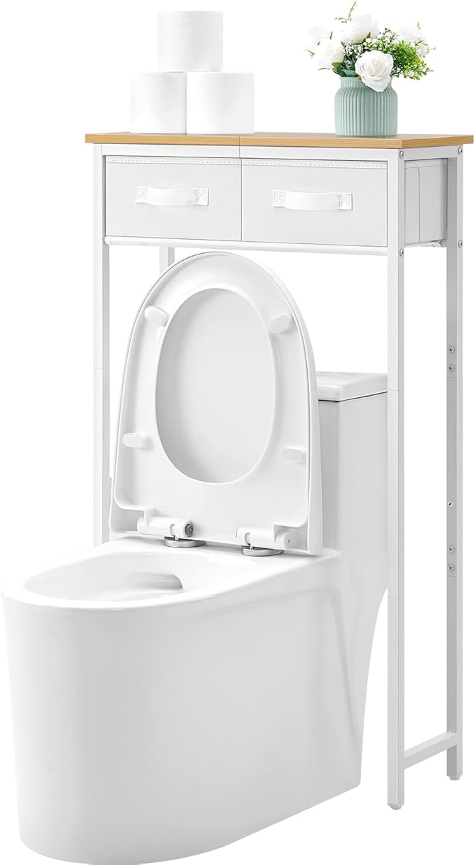 MOHOPE 2-Tier Over The Toilet Storage with 2 Fabric Drawers, Freestanding Above The Toilet Storage Cabinet, Space Saver Metal Over Toilet Bathroom Organizer Shelf for Small Space, Natural and White