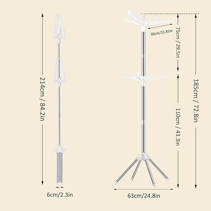 SUYU Clothes Drying Rack,Folding Clothes Drying Tree, 2 Layer with 6 Rotatable Arms,72-Inch Indoor Clothes Rack,Stainless Steel,4 Legs,White and Silver SNJ202