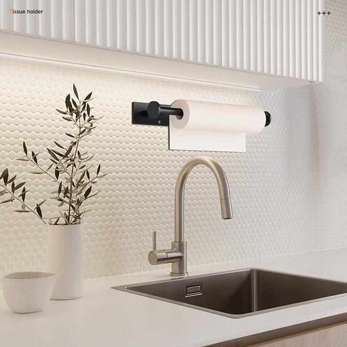 Paper Towel Holder Wall Mount - Self Adhesive No Drill or Drilling, SUS304 Stainless Steel - Kitchen, Bathroom, Sink, Pantry, Fridge(Black)