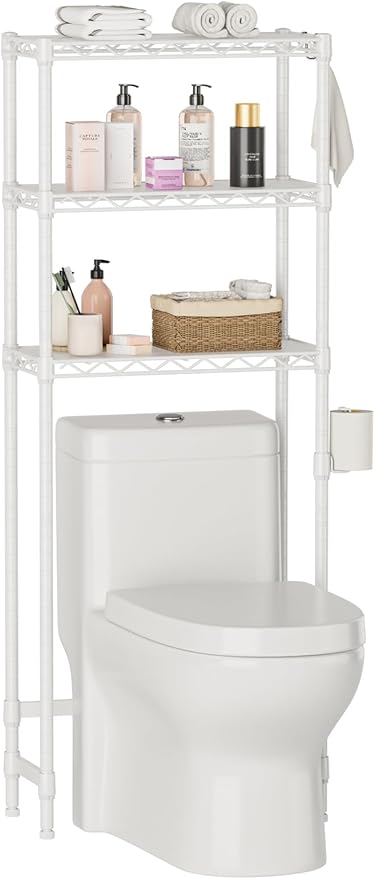 Over The Toilet Shelf,3-Tier Adjustable Freestanding Metal Bathroom Organizer Shelves with Toilet Paper Holder & Hooks,Space-Saving for Narrow Small Bathroom,10”D x 24”W x 66”H,White
