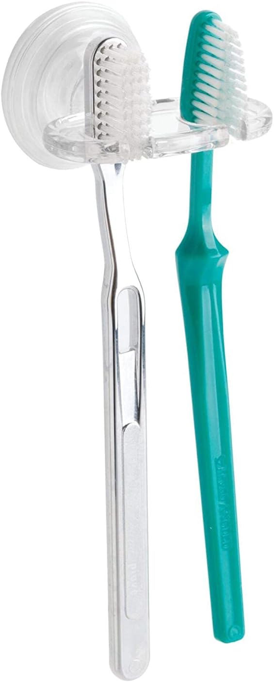 iDesign BPA-Free Plastic Bathroom Suction Toothbrush Holder - 2.75" x 2.25" x 2", Clear