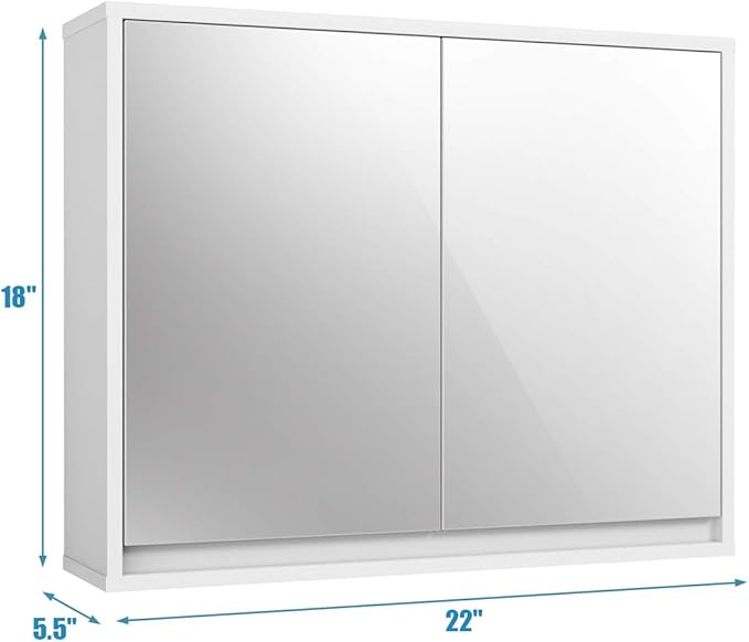 Tangkula Bathroom Medicine Cabinet, 2-Tier Wall-Mounted Storage Cabinet with Double Mirror Doors, Multipurpose Kitchen Bathroom Medicine Storage Cabinet, White (22" x 18")