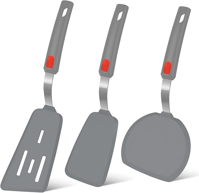 Beijiyi Silicone Spatula Turner Set of 3, 600°F Heat Resistant (Khaki)