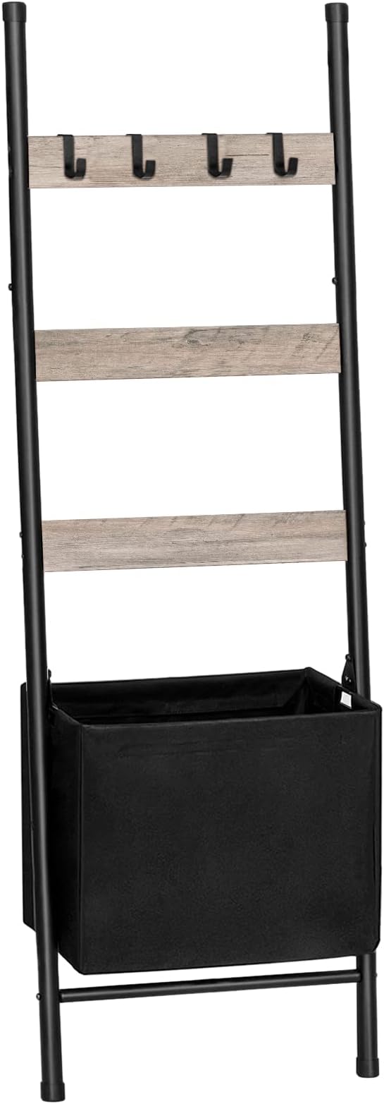HOOBRO Blanket Ladder with Basket, 17.3”L x 63.4”H, Towel Rack with Hooks, Blanket Holder Rack, Decorative Ladder Shelf, Drying and Display Rack for Bathroom, Living Room, Greige BG31CJ01