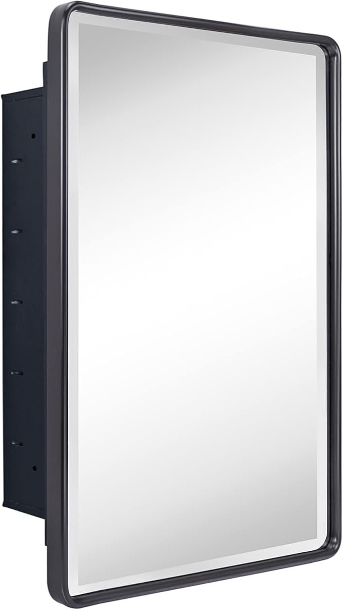 TEHOME Farmhouse Oil Rubbed Bronze Recessed Bathroom Medicine Cabinet with Mirror Rounded Rectangle Metal Framed Medicine Cabinet with Beveled Mirror 16x24''