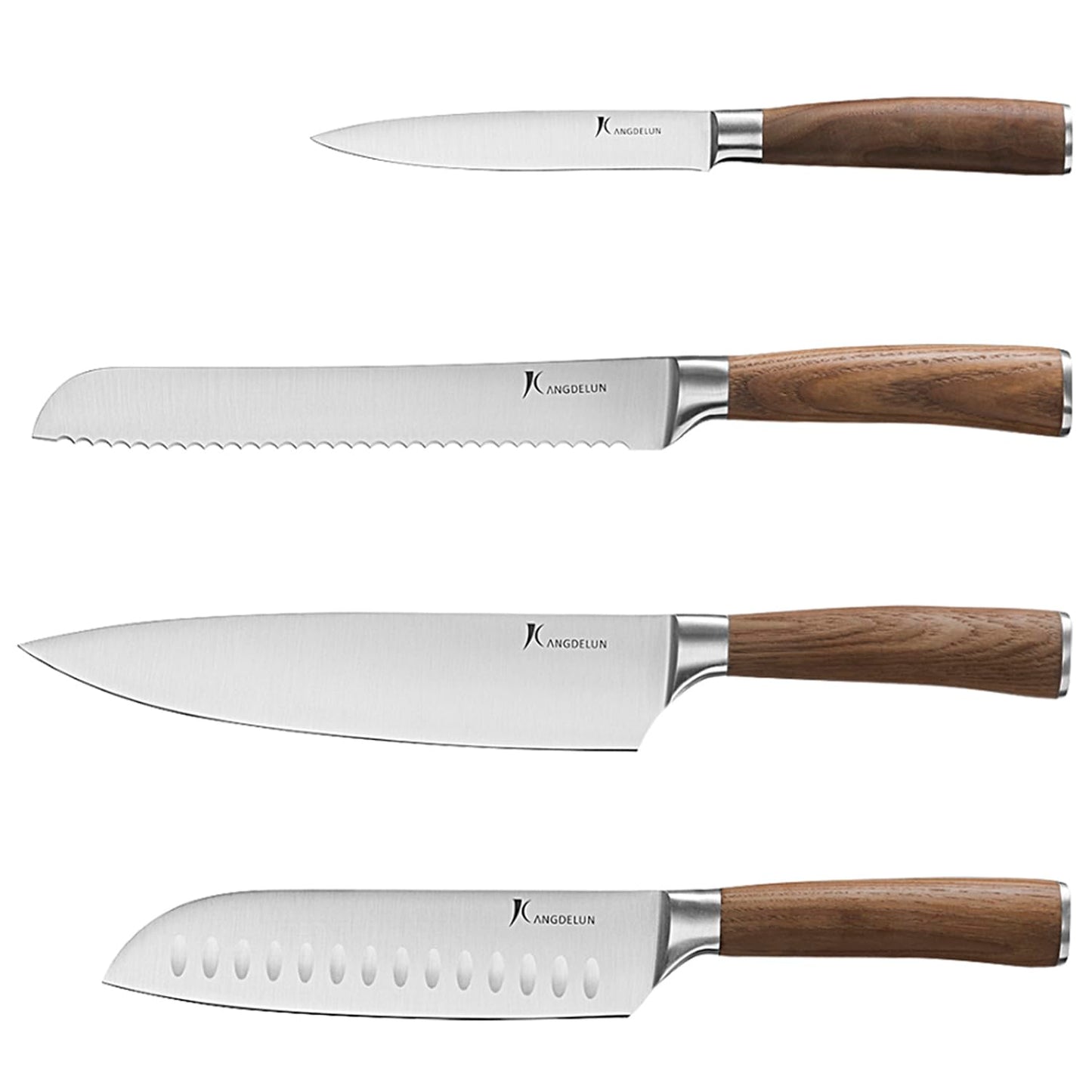 kangdelun Ultra Sharp 4-Piece Chef Knife Set, 50Cr15MoV High-Carbon Stainless Steel, Torrefied Brown Ash Wood Handles, Magnetic Gift Box