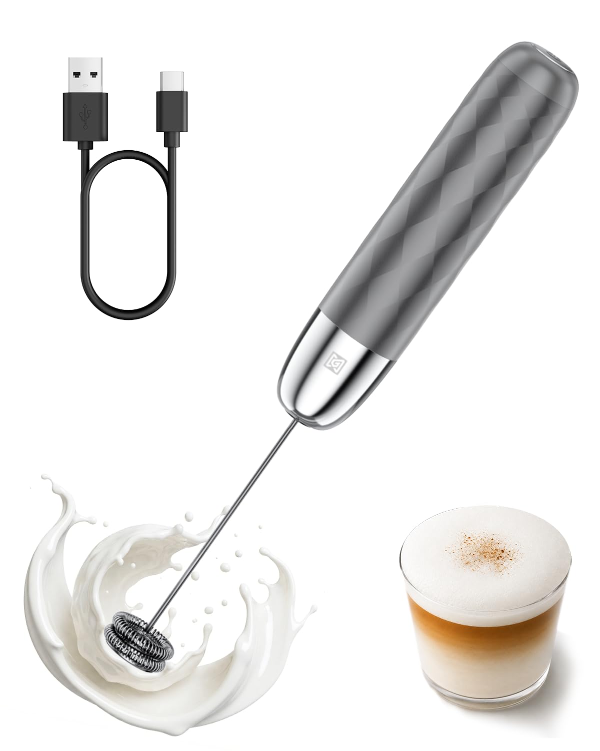 Maestri House Rechargeable Milk Frother, Handheld Electric Foam Maker Detachable Stainless Steel Whisk Drink Mixer Foamer Mini Blender for Matcha, Lattes, Cappuccino, No Stand (White and Silver)
