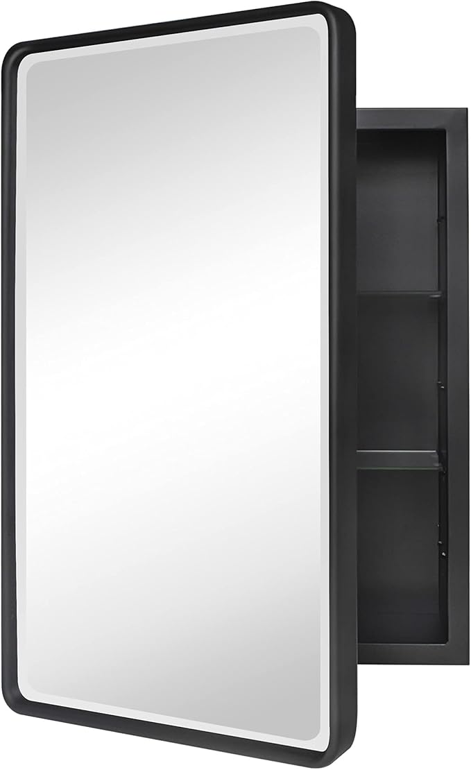 TEHOME Farmhouse Black Metal Framed Recessed Bathroom Medicine Cabinet with Beveled Mirror Rounded Rectangle Bathroom Medicine Cabinet 16x24 inch