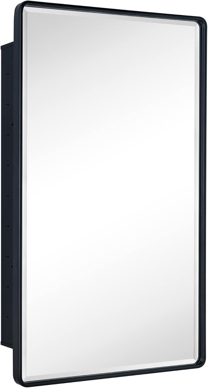 TEHOME Farmhouse Matt Black Recessed Bathroom Medicine Cabinet with Mirror Rounded Rectangle Metal Framed Medicine Cabinet with Beveled Mirror 24x36''