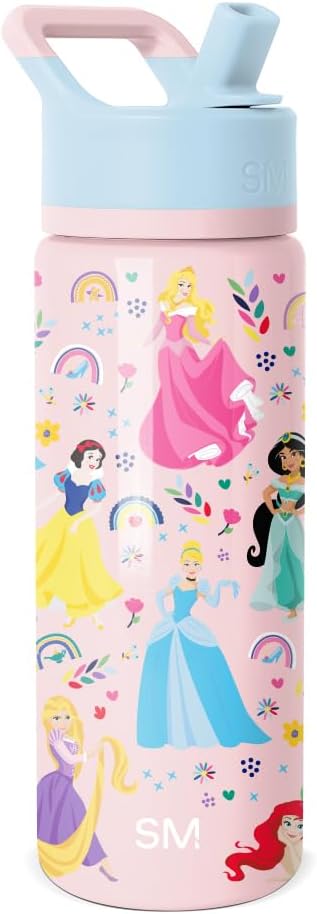 Simple Modern Kids Summit Water Bottle with Straw Lid | Disney Princess 18oz Stainless Steel Cup Insulated Tumbler for Girls, School | Princess Rainbows