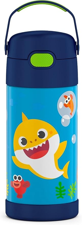 THERMOS FUNTAINER Water Bottle with Straw - 12 Ounce - Kids Stainless Steel Vacuum Insulated Water Bottle with Lid, Baby Shark