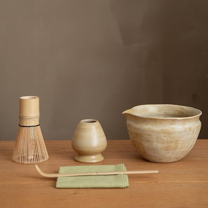 WUSEI Matcha Set with Handmade Ceramic Bowl & Bamboo Whisk, Pearl Gray,6-Pc