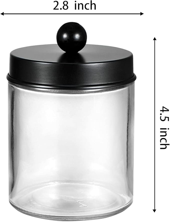 Amolliar 4 Pack Apothecary Jars Bathroom Vanity Storage Organizer Set -Countertop Canister with Stainless Steel Lids &Cute Stickers - Qtip Dispenser Holder for Qtips,Cotton Swabs,Makeup Sponges(Black)