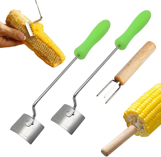 Easy Clean Corn Cob Peeler, 2025 New Corn On The Cob Stripper Tool with Long Handle, Stainless Steel Corn Cutter for Corn Cob With Corn Holder (Green-3 pcs)