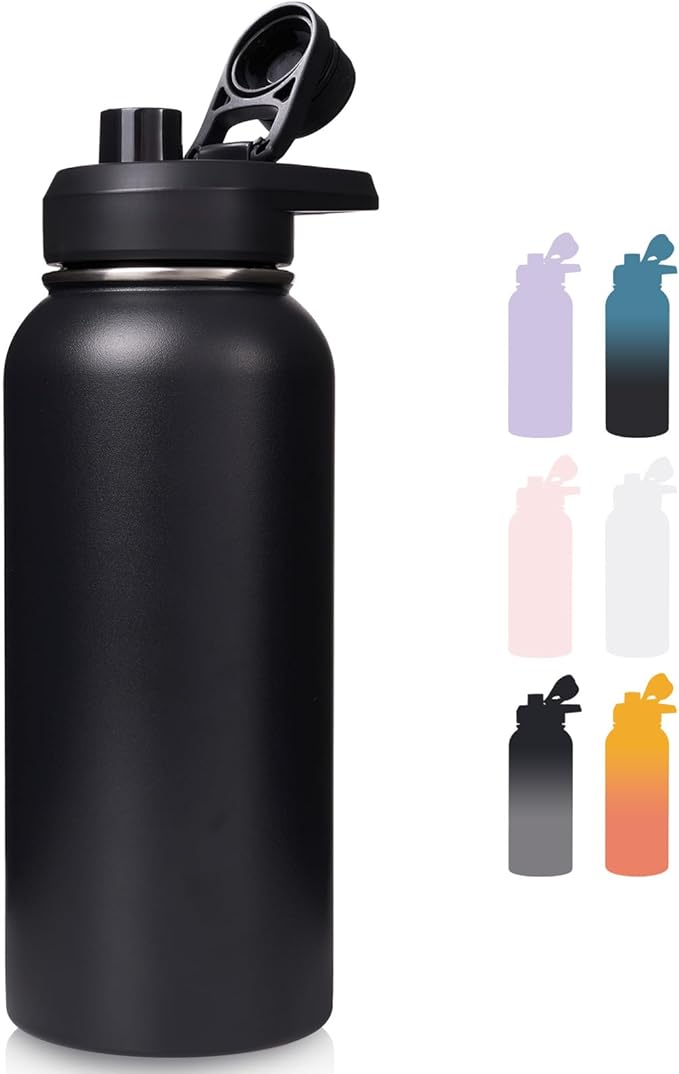 32 oz Insulated Water Bottle with Handle, 304 Stainless Steel Water Bottles with Wide Mouth, Double Wall Vacuum Sports Water Bottle, BPA Free, Keep Cold and Hot, Black