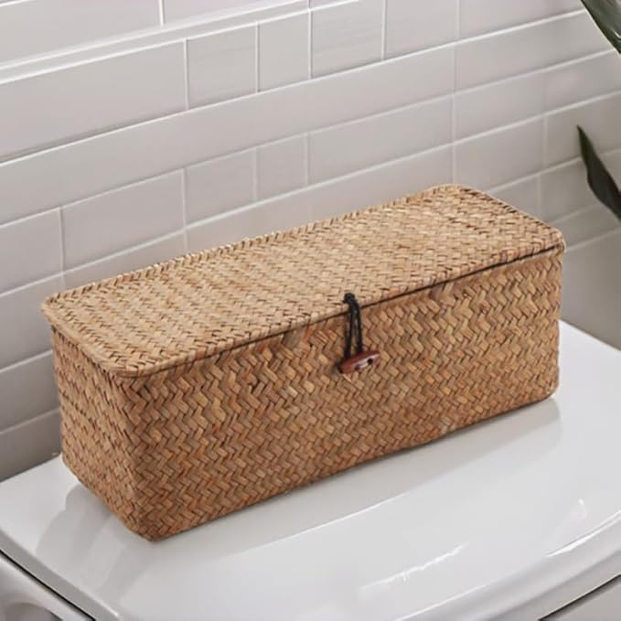 Seagrass Storage Basket for Bathroom - Wicker Toilet Tank Basket with Lid - Woven Narrow Organizer (16.5" x 5.5" x 5.5")