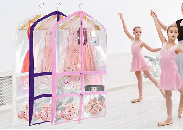 Univivi Clear Pink PVC Dance Costume Bags (3 Pack) Garment Bag 40 Inch for Dance Competitions, with 4 Medium Clear Zipper Pockets and 1 Large Back Zippered Pocket [Upgraded Version]