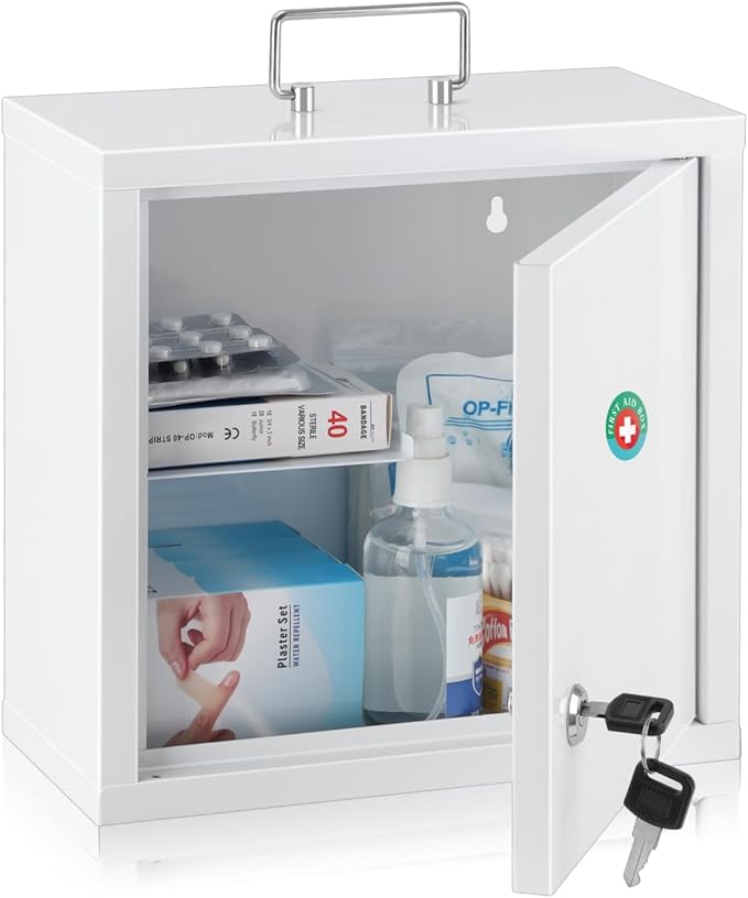 KYODOLED Locking Medicine Cabinet, Medication Lock Box with Key, Wall Mount Medical Cabinet for Safe Medication Storage, 10 * 4.7 * 10 Inch, White