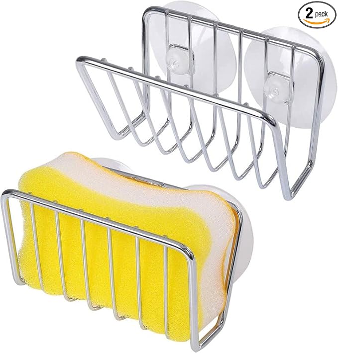 Toplife Sponge Holder for Kitchen Sink, Stainless Steel Suction Cup Sponge Caddy - Silver - 2 Pack