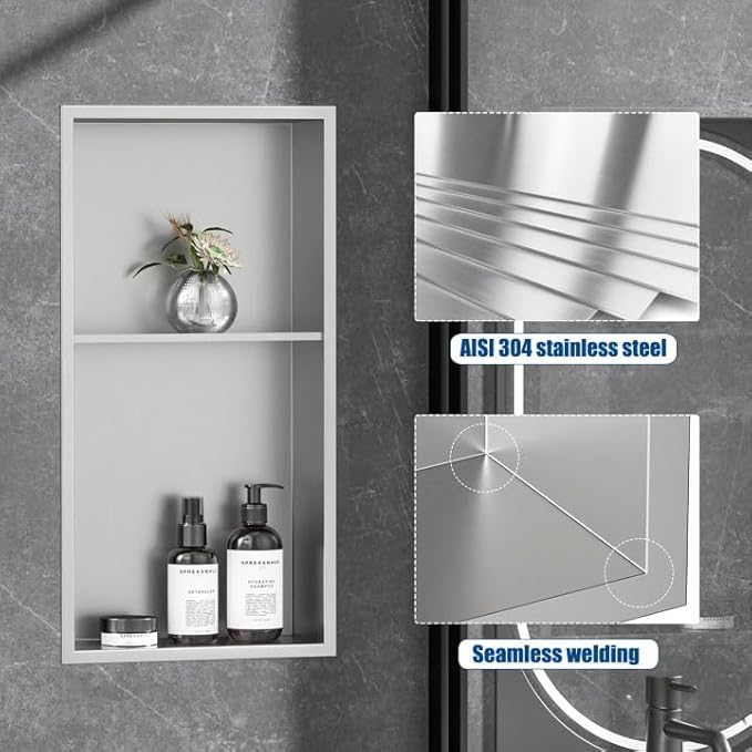 Neodrain No Tile Shower Niche, Brushed Stainless Steel Bathroom Shelf 24" X 12", Two-Tier Stainless Cubby, Bathroom Niche Cubby for Storage, No Tile Needed Recessed