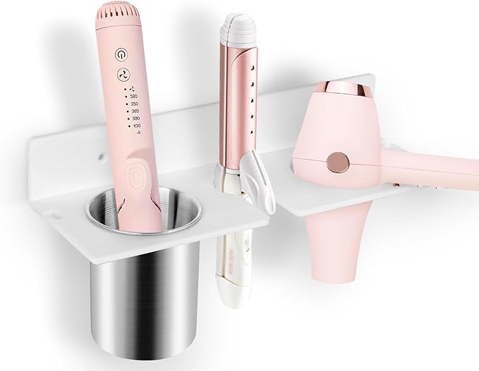 Hair Tool Organizer, Hair Dryer Holder with Heatproof Steel Cups, Acrylic Vanity Organizer for Curling Iron, Flat Iron & Hair Brushes, Perfect for Bathroom (White, Compact)