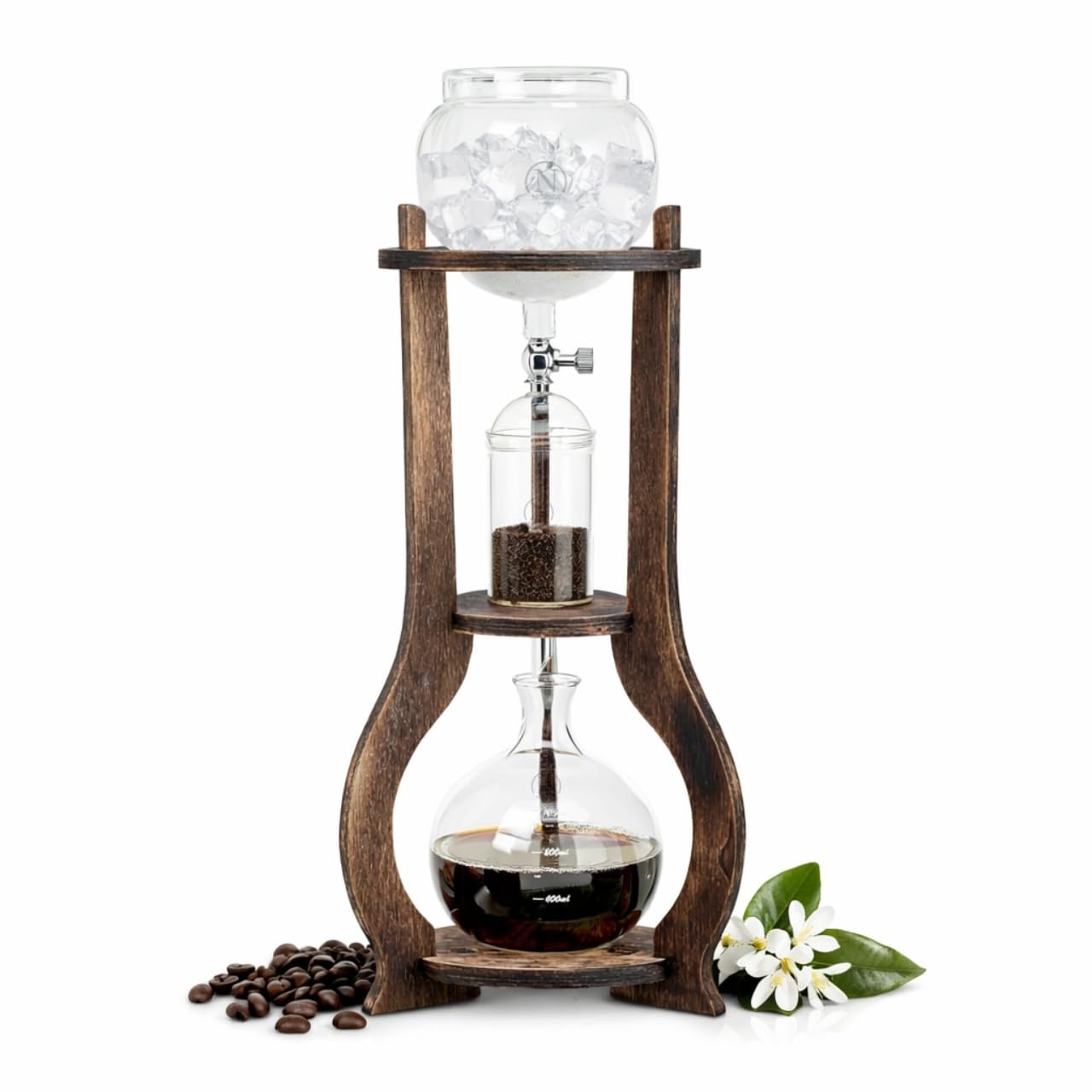 Nispira Cold Brew coffee Maker Ice Coffee Drip Machine with Advanced Slow Drip Technology Borosilicate Glass with Wood Tower, 6-8 Cup, Brown