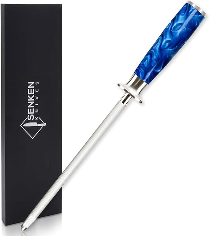 SENKEN Professional Emery Knife Sharpening Steel - Incredibly Strong Emery Rod for Sharpening & Honing Knives Up to 63 HRC Including All Damascus Knives (Smoothly Finished Wood)