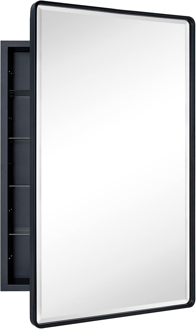TEHOME Farmhouse Matt Black Recessed Bathroom Medicine Cabinet with Mirror Rounded Rectangle Metal Framed Medicine Cabinet with Beveled Mirror 24x36''