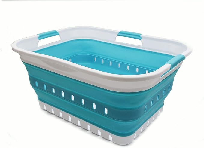 SAMMART 42L Collapsible Plastic Laundry Basket - Foldable Pop Up Storage Container/Organizer - Space Saving Hamper/Basket (1, White/Bright Blue)