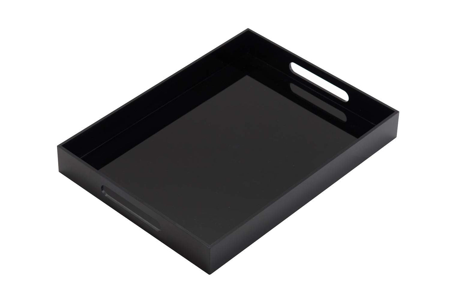 KEVLANG Glossy Black Sturdy Acrylic Serving Tray with Handles-10x10Inch-Serving Coffee,Food,Breakfast,Butler-Kitchen Countertop Tray-Makeup Drawer Organizer-Vanity Table,Ottoman Tray-Decorative Tray