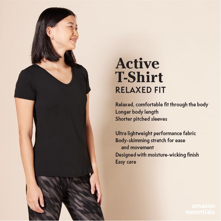 Amazon Essentials Women's Active Quick Dry Tech Stretch Short-Sleeve V-Neck T-Shirt (Available in Plus Size), Pack of 2, Charcoal Heather Space Dye/Raspberry Red Space Dye, Small