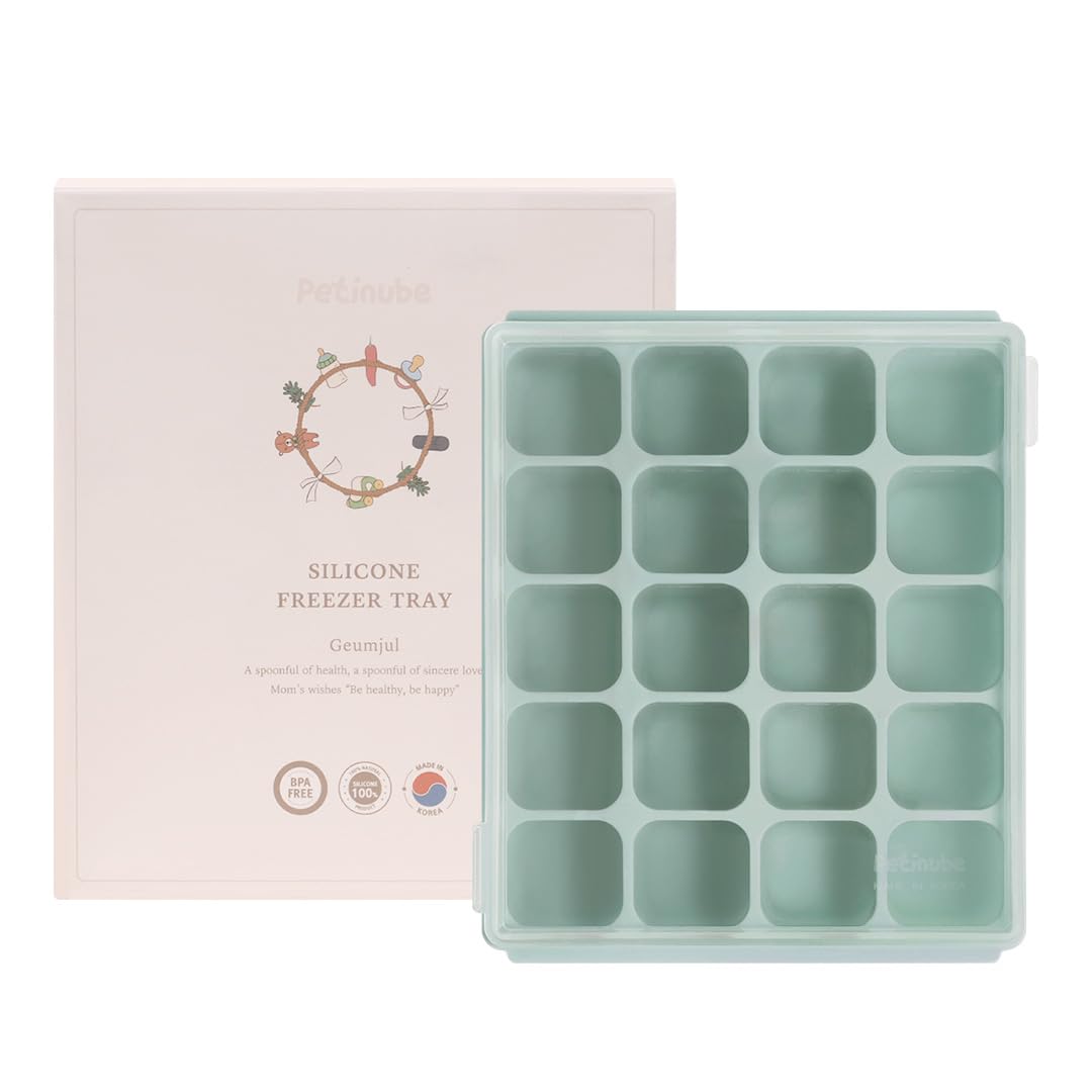 PETINUBE Silicone Freezer Tray, Baby Food Storage Cubes with Clip-On Lid, Freeze Baby Food, Soups, Purees, Ice, Easy and Safe Design, Made in Korea (12, Celadon Green)
