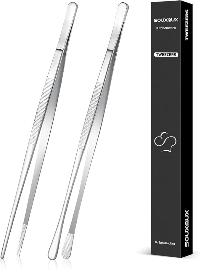 2 Pcs 12-inch Cooking Tweezers Tongs Precision Serrated Tips, Stainless Steel Professional Chef Tweezer Kitchen Tools for BBQ, Plating and Serving (Black)