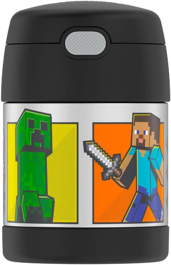 THERMOS FUNTAINER Insulated Food Jar – 10 Ounce – Kid Friendly Food Jar with Foldable Spoon, Minecraft