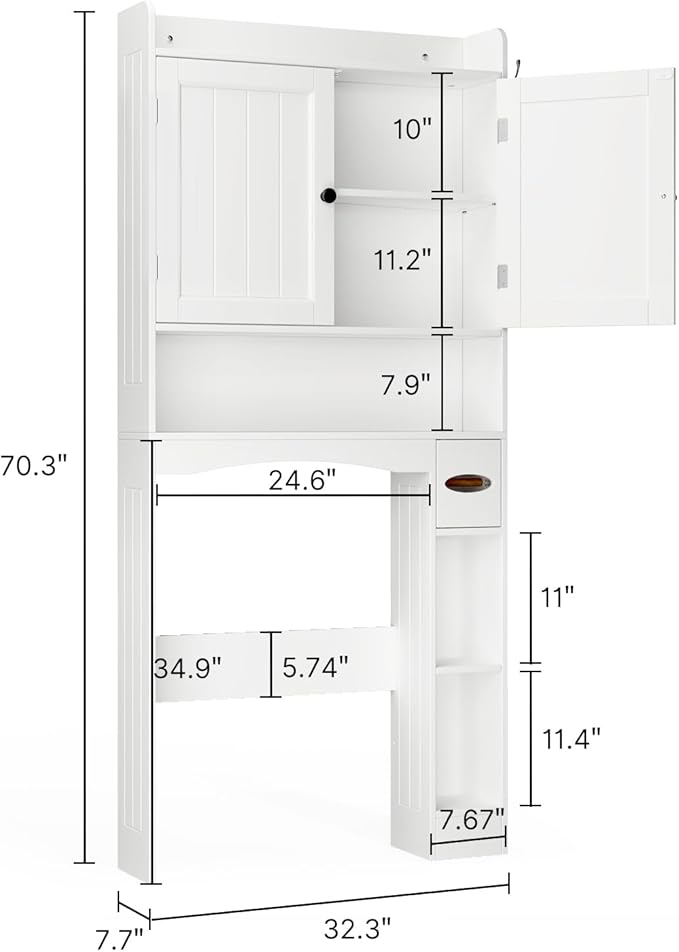 Ahomly Over The Toilet Storage Cabinet, 32.3" W Over Toilet Bathroom Organizer with Doors, Adjustable Shelves, Toilet Paper Holder, 2 Side Hooks, Space-Saver for Bathroom, Laundry, White