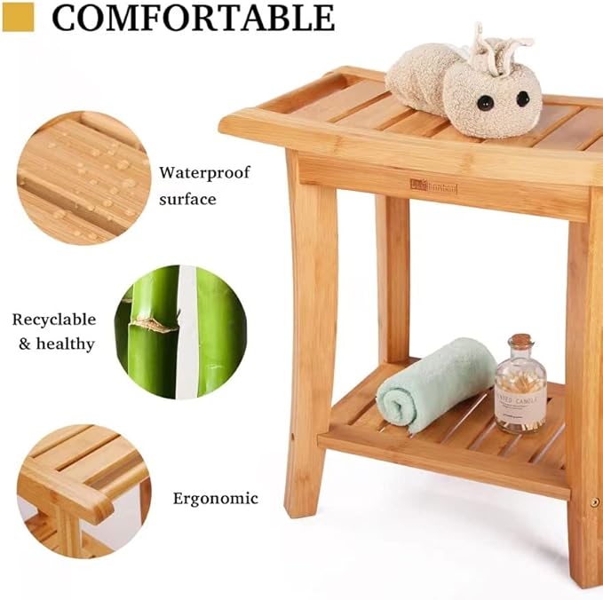 Bamboo Shower Bench with Storage Shelf, Wooden Spa Bath Deluxe Organizer Shower Stool for Inside Shower, Bathroom Bench Seat for Adults Elderly Seniors for Indoor or Outdoor Use