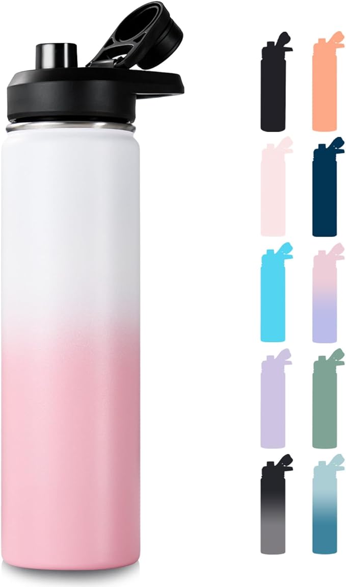 24 oz Insulated Water Bottle with Handle, 310 Stainless Steel Water Bottles with Wide Mouth, Double Wall Vacuum Sports Water Bottle, BPA Free, Keep Cold and Hot, Strawberry Milk