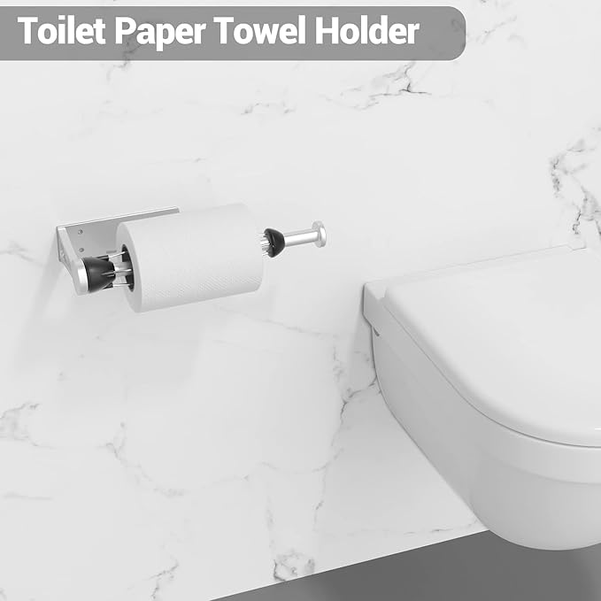 Paper Towel Holder Under Cabinet with Damping Effect, Single-Hand Operable Wall Mount Paper Towel Holder for Kitchen/Bathroom, Under Counter Self-Adhesive/Drilled Kitchen Towel Holder