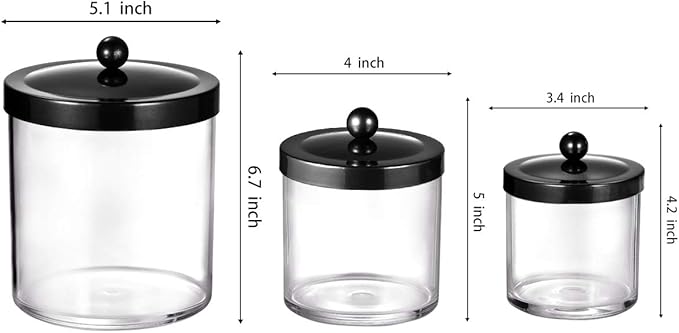 SheeChung 3-Pack Plastic Apothecary Jars with Black Metal Lids - Large 50oz, 25oz & 15oz Clear Acrylic Storage Set - Shatterproof Bathroom & Laundry Room Organizer - Modern Farmhouse Decor