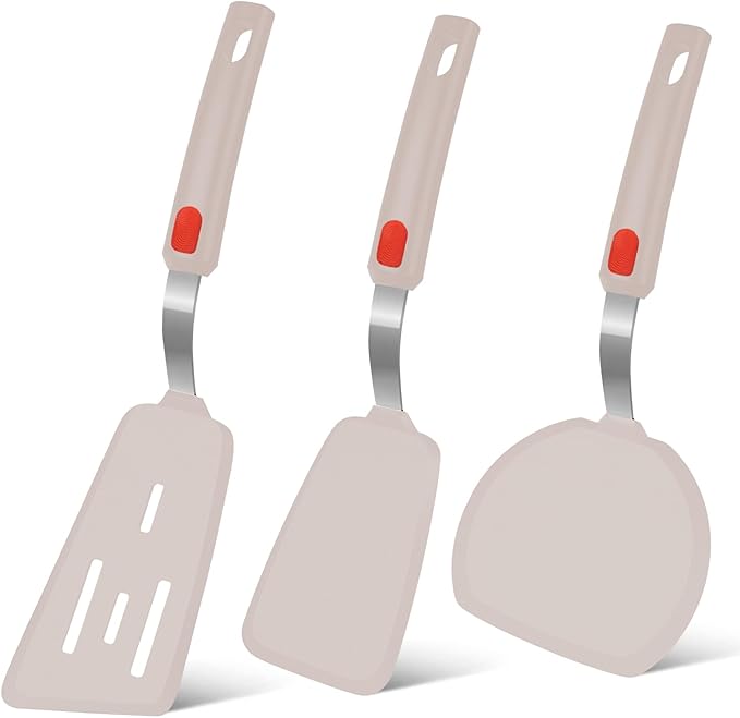 Beijiyi Silicone Spatula Turner Set of 3, 600°F Heat Resistant (Khaki)